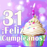 Animación de un cupcake con cobertura blanca, confites de colores, una vela encendida y el número 31 en grande sobre un fondo púrpura con luces brillantes.