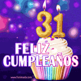 GIF animado de un cupcake decorado con confites, dos velas doradas encendidas formando el número 31, sobre un fondo púrpura brillante con destellos.