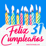 Animación de un pastel decorado con velas coloridas y encendidas, el número 31 destacado en azul y la frase 'Feliz cumpleaños' en letras estilizadas.