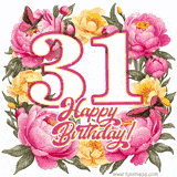 A celebratory GIF image features the animated number '31' and the words 'Happy Birthday!' surrounded by pink and yellow flowers. Two moving butterflies are included in this festive design.