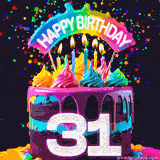Chocolate cake with cyan layers, pink dressing and a big number 31 adorned with vibrant multicolored frosting, lit candles, and a rainbow topper with text that says 'Happy Birthday'. Animated colorful confetti move behind the cake.