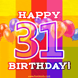 A birthday cake with lit candles is shown with colorful balloons and animated confetti.