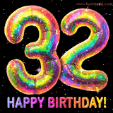 Shiny number 32 birthday celebration balloons with an iridescent glow and glitter on a black background with twinkling stars.
