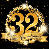Il numero 32 è circondato da un anello dorato brillante, accompagnato da un nastro elegante con la scritta 'Buon Compleanno!' su uno sfondo scuro.