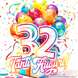 Animazione con palloncini colorati e scintillanti, accompagnata dal numero 32 in caratteri grandi e luminosi, e la scritta 'Tanti Auguri!' in stile vivace.