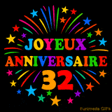 GIF animé 'Joyeux Anniversaire 32' avec des lettres colorées et des feux d'artifice éclatants