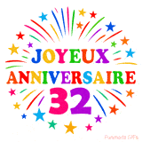 GIF animé joyeux anniversaire 32 ans avec étoiles multicolores et feu d’artifice