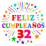 Imagen animada para felicitar los 32 años con letras de colores y diseño festivo.