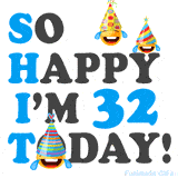 A fun birthday animation celebrating turning 32 with colorful party hats, smiling faces, and cheerful emojis.
