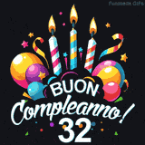Augura buon compleanno ai 32 anni con questa GIF colorata e festosa: palloncini, stelle e candele per un augurio digitale indimenticabile