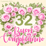 GIF per il 32° compleanno con un cuore di rose rosa e scritta elegante