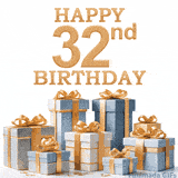 Festive animated eCard with elegant 'Happy 32nd Birthday' text above a pile of luxurious blue, white, and gold gift boxes and presents.
