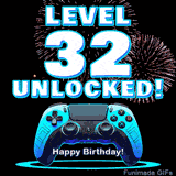Animated GIF for a 32 birthday. The text 'Level 32 Unlocked!' and 'Happy Birthday!' are displayed over a blue video game controller with exploding fireworks in the background.
