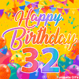 A bright and colorful animation for a 32nd birthday, The greeting is set against a yellow backdrop with animated confetti, colorful bunting at the top, and balloons at the bottom.