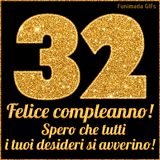 Un GIF animato per un 32° compleanno, Presenta il testo 'Buon Compleanno 32' su uno sfondo giallo vivo con palloncini colorati, festoni e una pioggia di coriandoli.