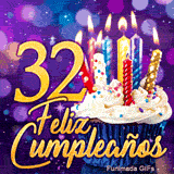 Tarjeta animada 32 años con un cupcake y velas relucientes junto al número 32 dorado sobre fondo lila.