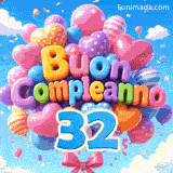 Il grande numero azzurro 32 è sospeso sotto un mazzo di palloncini animati. I palloncini formano Buon Compleanno in un cielo nuvoloso.