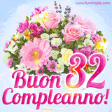 Bouquet animato con rose rosa, margherite e altri fiori colorati, con il numero 32 e la scritta 'Buon Compleanno!' in stile elegante e luminoso.