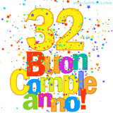 Animazione con il numero 32 in giallo e scritte multicolore 'Buon Compleanno!', accompagnate da una pioggia di stelle e coriandoli colorati.
