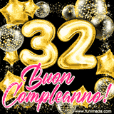 Animazione con palloncini dorati a forma del numero 32, circondati da decorazioni scintillanti e la scritta 'Buon Compleanno!' in caratteri rosa accattivanti.