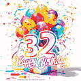 Animated star-shaped confetti, multicolor balloons, and a gift box in a joyful 32nd birthday GIF
