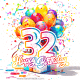 A festive birthday age GIF with animated star confetti, colorful balloons, and a gift box with the number 32. The text reads 'Happy Birthday'.