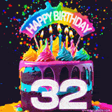 Chocolate cake with cyan layers, pink dressing and a big number 32 adorned with vibrant multicolored frosting, lit candles, and a rainbow topper with text that says 'Happy Birthday'. Animated colorful confetti move behind the cake.