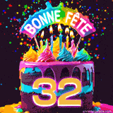 GIF animé pour un 32e anniversaire avec un gâteau au chocolat recouvert de glaçage arc-en-ciel, des bougies allumées, et le texte 'Bonne Fête' sur un fond étoilé et festif.