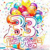 Animazione con palloncini colorati e scintillanti, accompagnata dal numero 33 in caratteri grandi e luminosi, e la scritta 'Tanti Auguri!' in stile vivace.