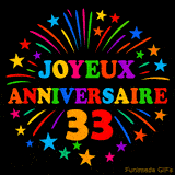 GIF animé 'Joyeux Anniversaire 33' avec des lettres colorées et des feux d'artifice éclatants