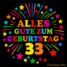 Animiertes GIF 'Alles Gute zum Geburtstag 33 mit bunten Buchstaben und leuchtenden Sternen