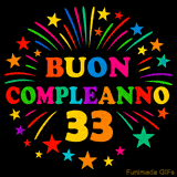 GIF animata 'Buon Compleanno 33' con lettere colorate e fuochi d'artificio