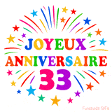 GIF animé joyeux anniversaire 33 ans avec étoiles multicolores et feu d’artifice