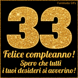 Un GIF animato per un 33° compleanno, Presenta il testo 'Buon Compleanno 33' su uno sfondo giallo vivo con palloncini colorati, festoni e una pioggia di coriandoli.