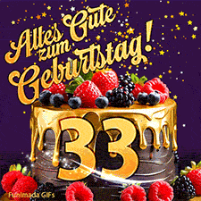 Eine köstlich aussehende animierte Geburtstagskarte für den 33. Geburtstag, dekoriert mit Erdbeeren, Blaubeeren und goldenen Details, Sterne funkeln und fallen, mit 'Alles Gute zum Geburtstag!'-Text.