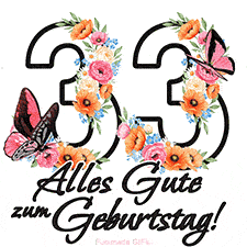 Ein florales GIF zum 33. Geburtstag. Die Zahl '33' ist von animierten Blumen und Schmetterlingen umgeben und bietet eine schöne und fröhliche Art, den Meilenstein zu feiern.