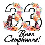 Questo GIF di Buon 33° Compleanno mostra il numero venti riempito con un vibrante bouquet di fiori animati, con farfalle che si muovono dolcemente su uno sfondo bianco.