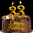 33 Birthday Chocolate Cake with Gold Glitter Number 33 Candles (GIF)