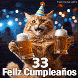 Gatito naranja con expresión divertida, gorro de fiesta y dos cervezas espumosas. Luces desenfocadas y el mensaje 33 Feliz Cumpleaños.