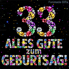 Aus farbigen Edelsteinen gestaltete Ziffer 33 und der Text Alles Gute zum Geburtstag vor einer dunklen Fläche mit kleinen leuchtenden Sternen.