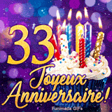 GIF festif 33 ans montrant le chiffre 33 en or brillant, un petit gâteau illuminé et des bougies sur fond violet.