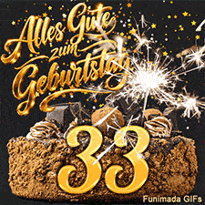 Alles Gute zum Geburtstag steht über einem Kuchen mit der Dreiunddreißig. Eine brennende Wunderkerze und Sternchenregen machen das Bild perfekt.