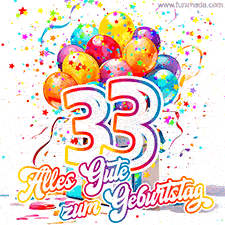 Ein lebendiges Geburtstags-GIF mit bunten Ballons, animiertem Konfetti, der Zahl 33 und den Worten 'Alles Gute zum Geburtstag' in dekorativer Schriftart.