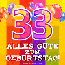 Große Zahl 35 in Umrissschrift, die Worte 'Alles Gute zum 33. Geburtstag', mehrfarbige animierte Ballons und lebendiger Hintergrund.