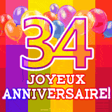 GIF animé 34 ans avec des ballons colorés, un grand chiffre 34 et 'Joyeux Anniversaire!' sur un fond éclatant.