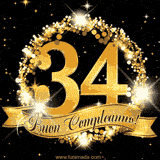 Il numero 34 è circondato da un anello dorato brillante, accompagnato da un nastro elegante con la scritta 'Buon Compleanno!' su uno sfondo scuro.