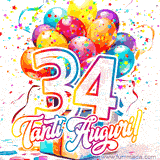 Animazione con palloncini colorati e scintillanti, accompagnata dal numero 34 in caratteri grandi e luminosi, e la scritta 'Tanti Auguri!' in stile vivace.