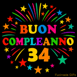 GIF animata 'Buon Compleanno 34' con lettere colorate e fuochi d'artificio