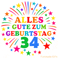 Bunte 'Alles Gute zum Geburtstag' Animation für den 34. Geburtstag mit Sternen und bunten Farben
