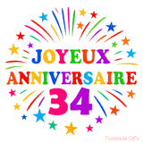 GIF animé joyeux anniversaire 34 ans avec étoiles multicolores et feu d’artifice